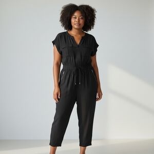 DKNY Black V-Neck Button Down Short Sleeve Rolled Ankle Hem Jumpsuit Women's XL